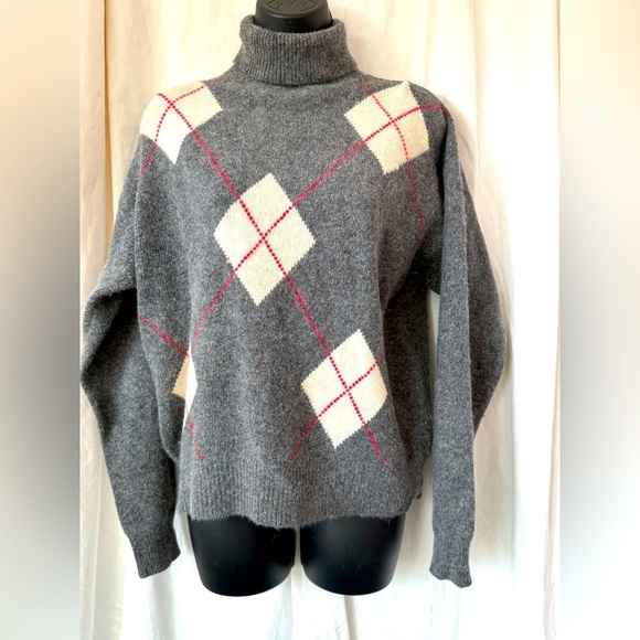 Rafaella Vtg Lambswool Angora Rabbit Fur Blend Argyle Turtleneck Sweater Sz L - Picture 1 of 4